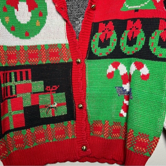 VTG Sweater Loft Women Cardigan Medium Christmas‎ Patchwork Presents Candy Cane - Picture 12 of 15